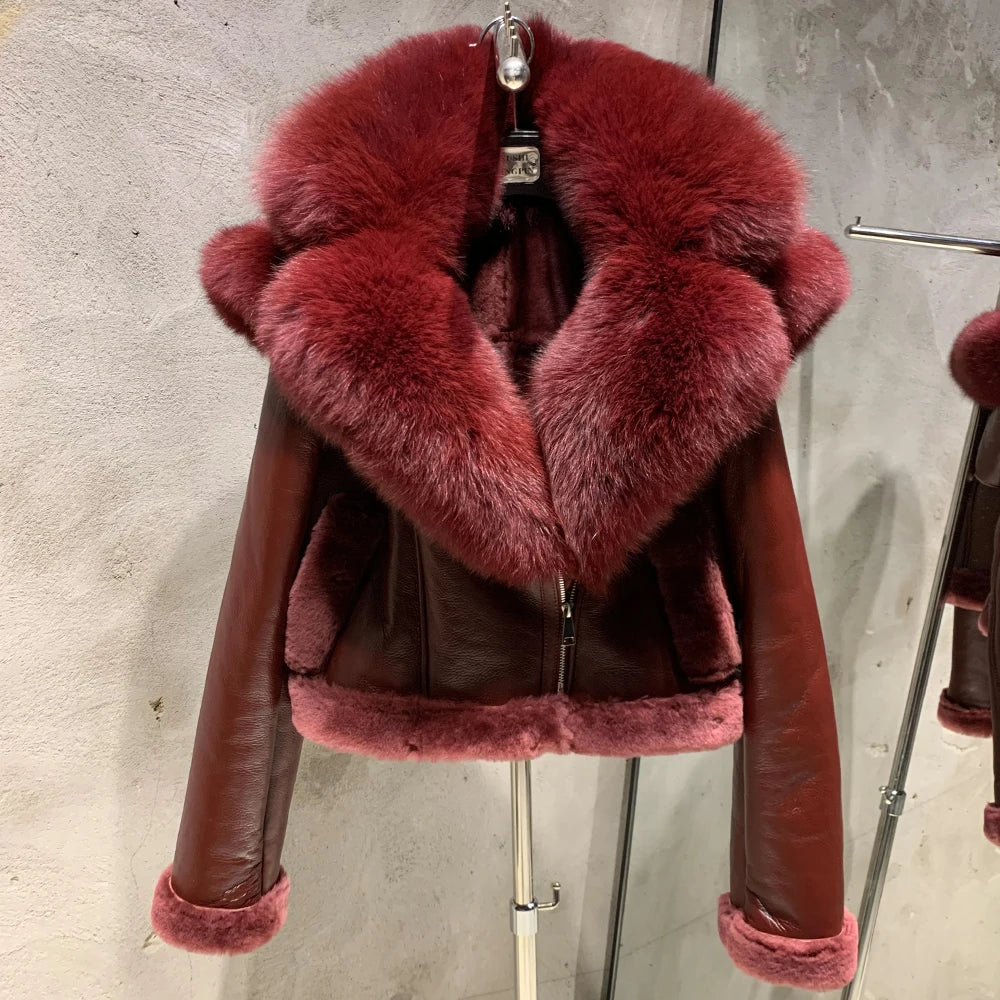 21-25Shearling Jacket women's shearling Cloth With Big Fur Collar and Hooded