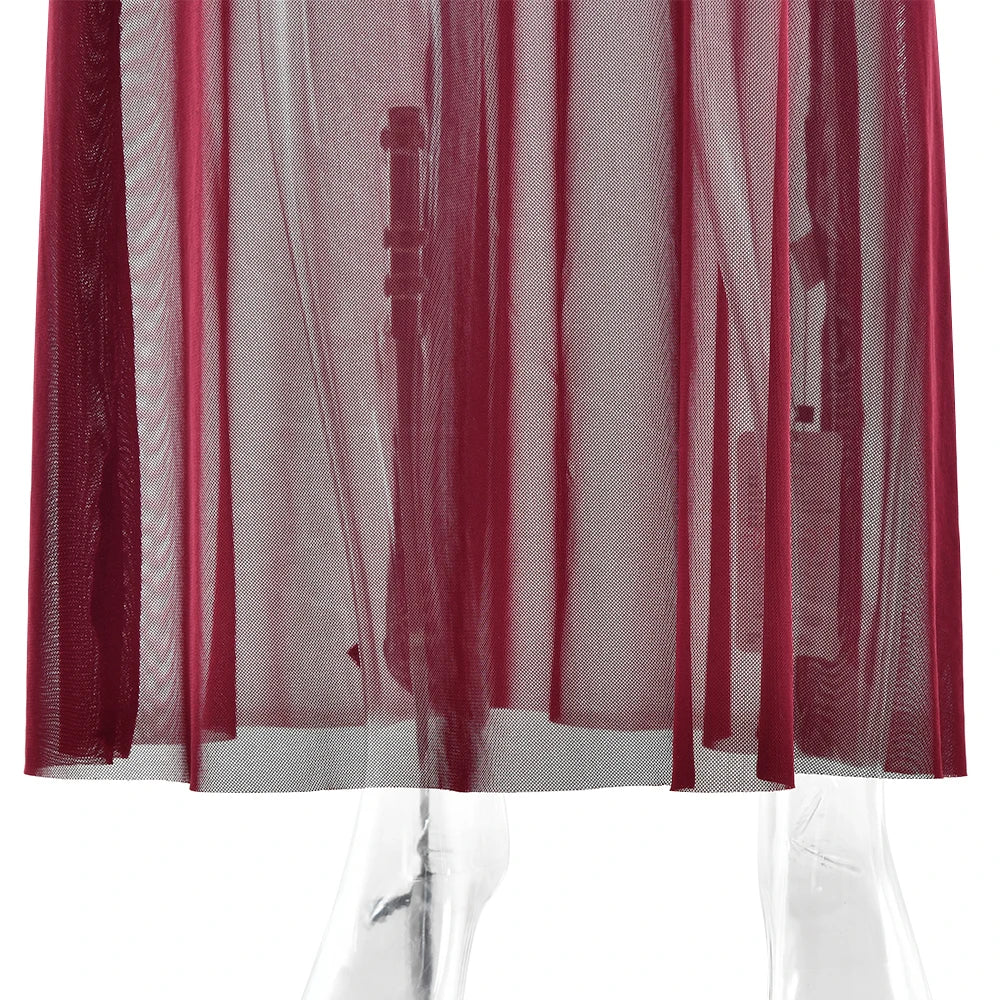 Articat Elegantes Mesh-Patchwork Langarm-Bodycon Party Club Abendkleid Sexy Doppellagiges Perspektivkleid Herbstkleidung
