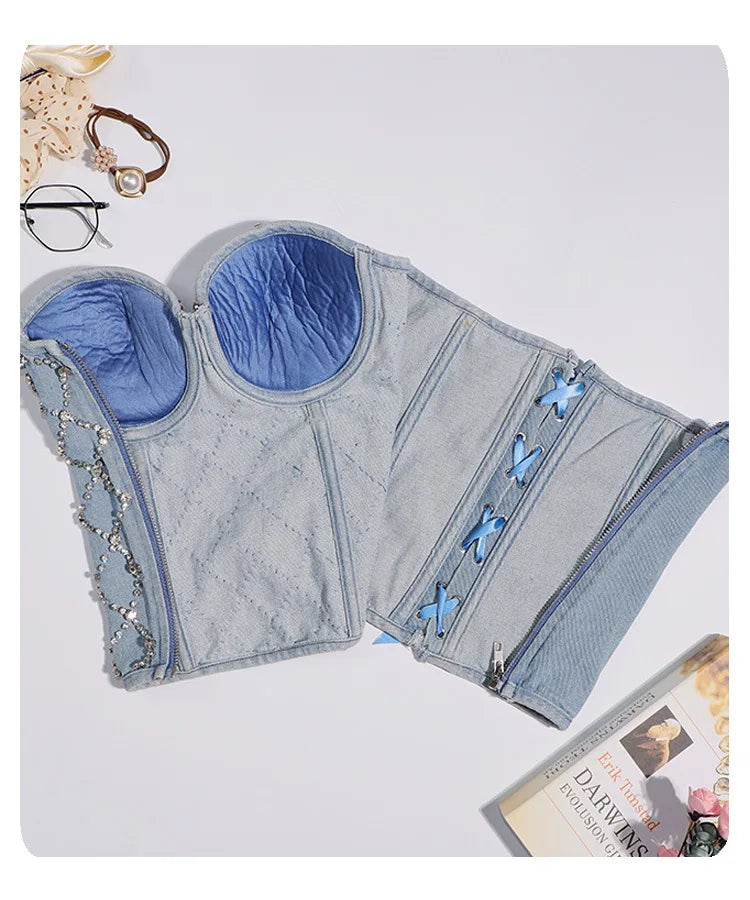 SXTHAENOO Damen Sexy Fashion Crop Top Diamant Blume Trägerloses Bustier Top BH Nachtclub Party Tank Top Weiblich Ropa De Mujer