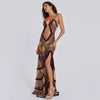 CUTENOVA Women Noble Furry Halter Sleeveless Hollow Dress Camisole Shrunk Split Wave Cut Dress Luxury Prom Occasion Evening Gown