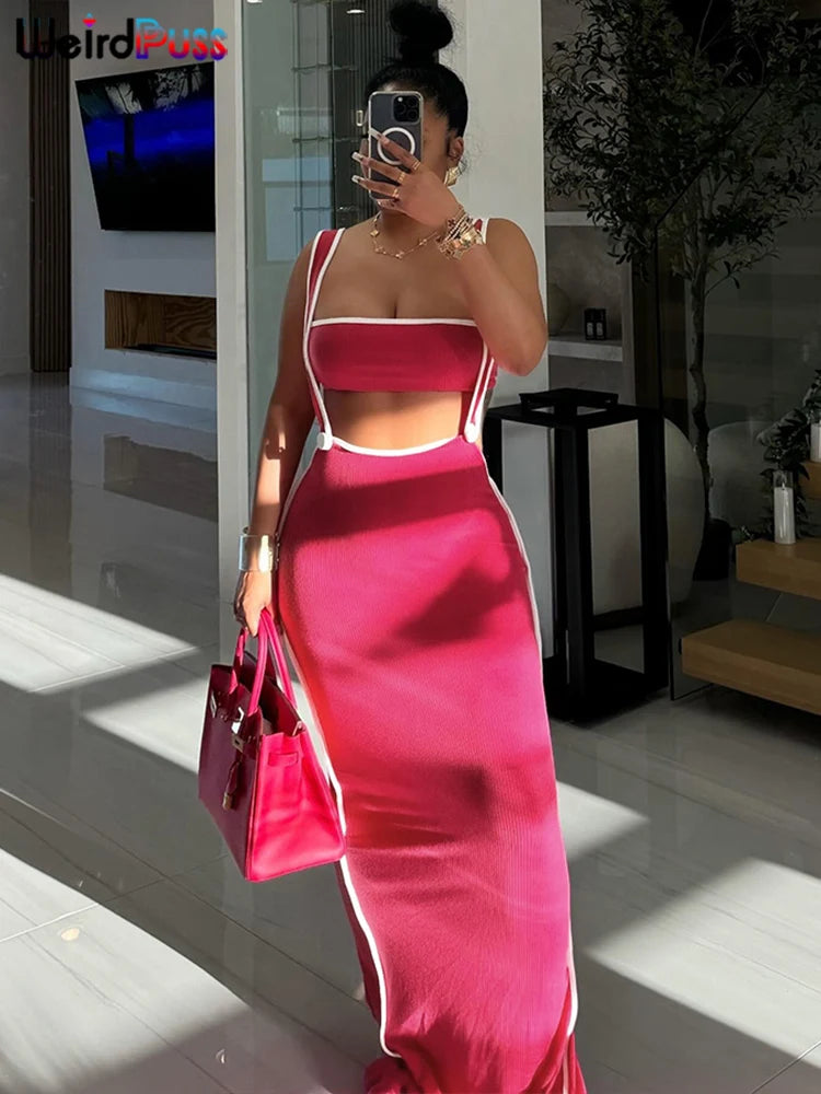 Weird Puss Summer Trend 2-teiliges Set Damen Weißer Saum Trägerloses Oberteil + Trägerkleid Elastische Streetwear-Outfits