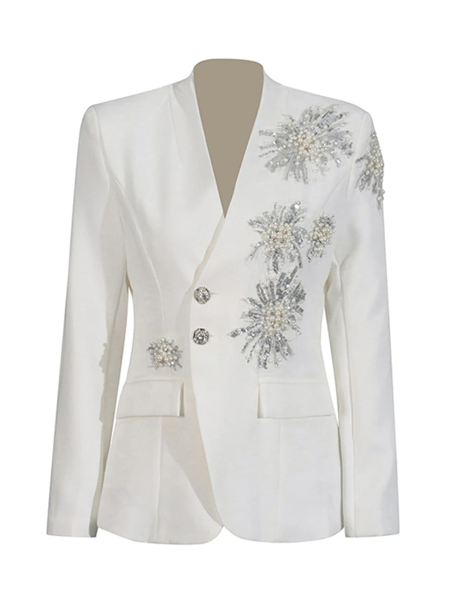 CHICEVER Solid Spliced Beading Slimming Blazer for Women Notched Collar Long Sleeve Patchwork Button Formal Coat Female Fashion