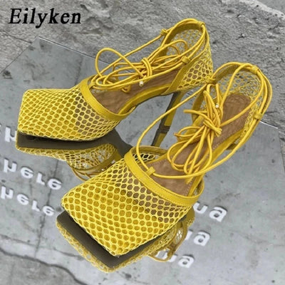 Eilyken Sexy Mesh Pumps Sandalen Damen Quadratische Zehenpartie High Heel Schnürung Kreuzgebunden Stiletto Hohlkleid Schuhe Zapatos Mujer
