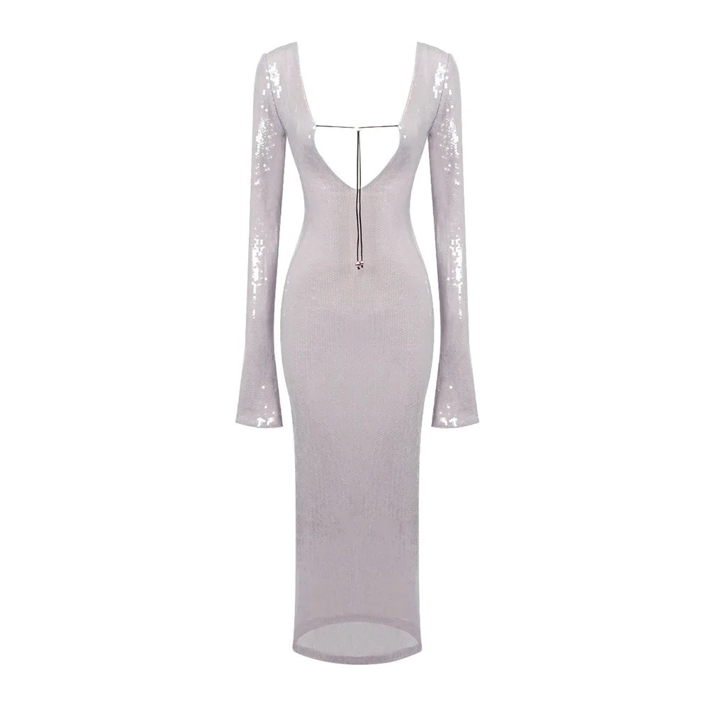 Abendkleid Damen Elegant Pailletten Tiefer V-Ausschnitt Langarm Midikleid Sexy Luxuriös Rückenausschnitt Schnürung Knöchellang Bandage Partykleid