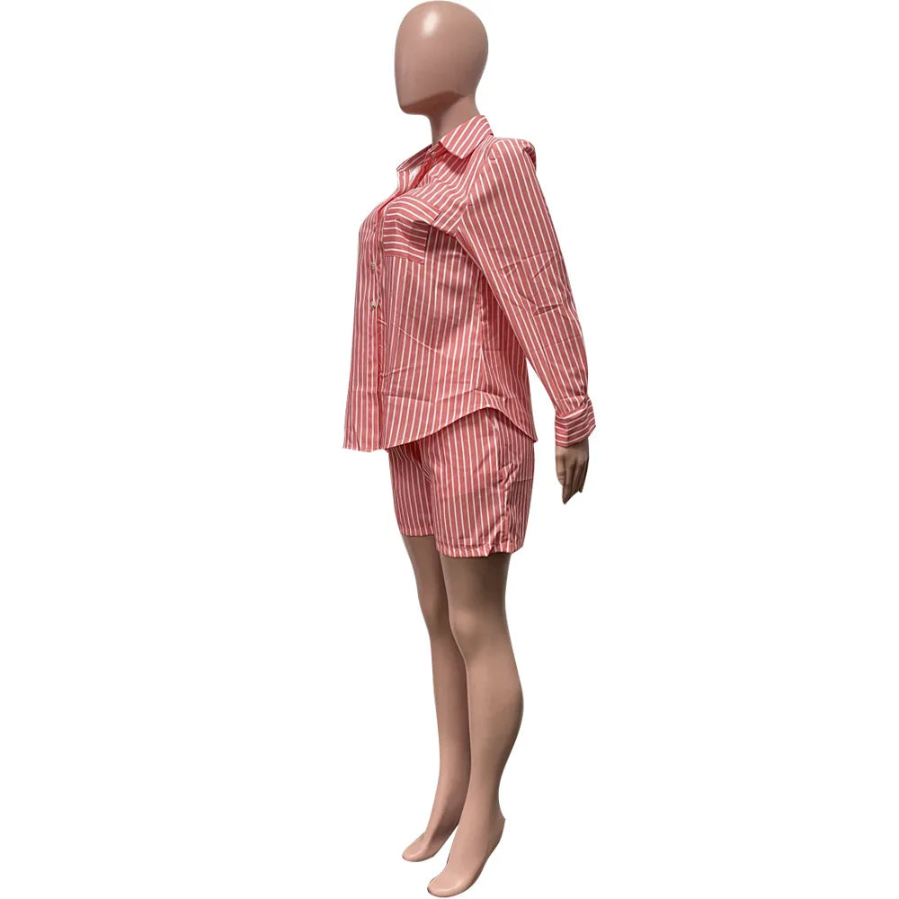 Two Piece Short Sets Women Striped Single Breasted Cardigan Blouses Shorts Elastic Waist Shirt Suit Casual Outwear Summer