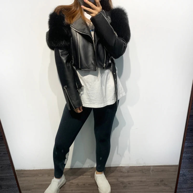 GO BALLISTIC YA Ladies' Genuine Leather Jacket with Fur Sleeve Women's Natural Lambskin Outfit