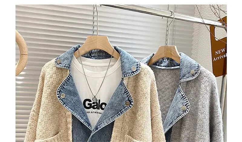 2023 New Autumn Winter Women Splicing Denim Jacket Women Long Sleeve Jean Jackets Female Loose Sweater Cardigan Jacket