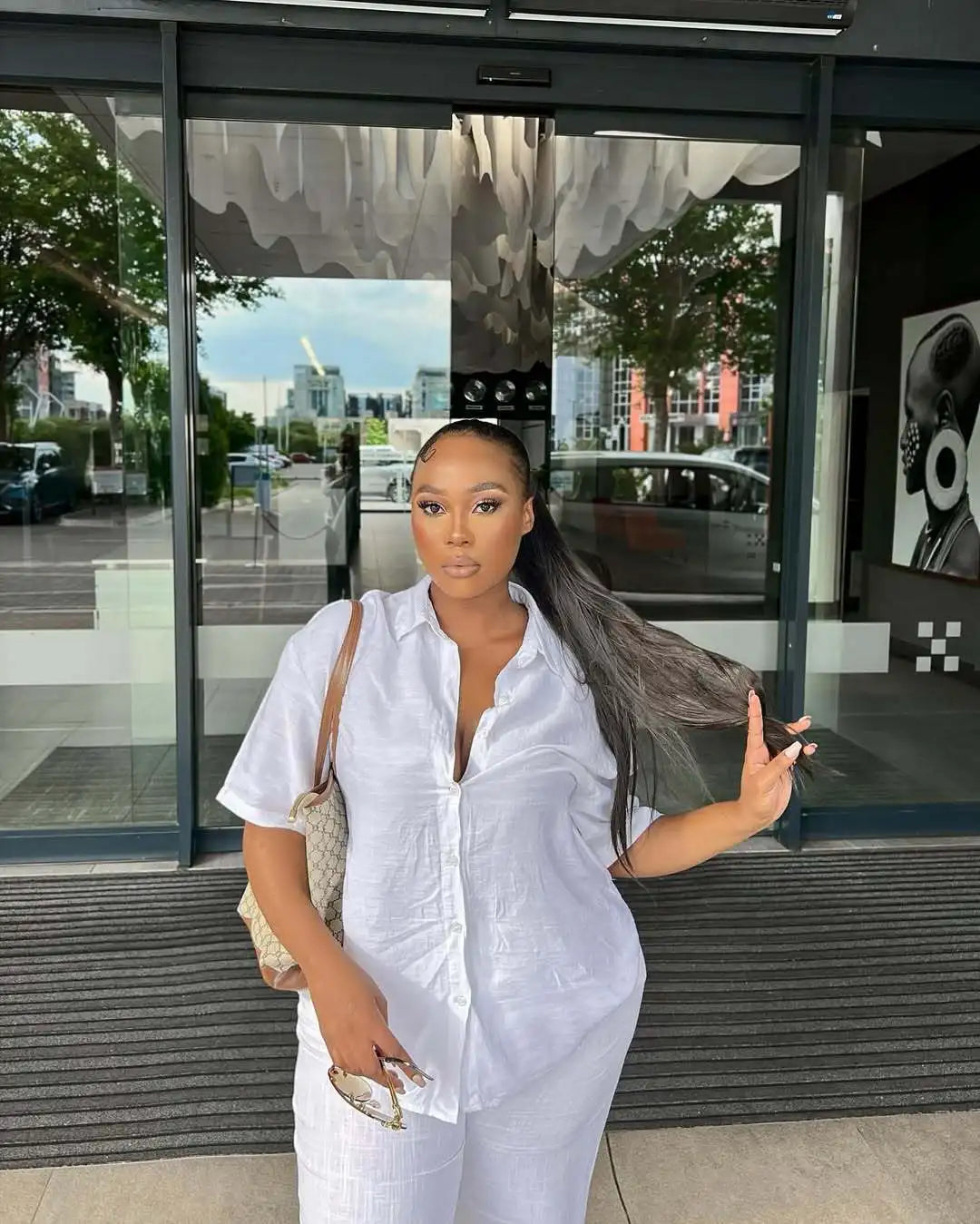 Women Casual Two Piece Pant Set Short Sleeve Turn Down Collar Shirts Top and High Waist Loose Wide Leg Pant Matching Set 2025