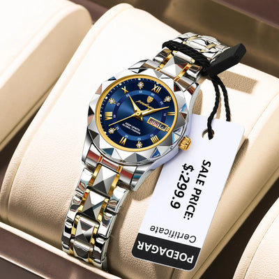 POEDAGAR Luxuriöse Damen-Kleideruhr, leuchtend, wasserdicht, Wochen- und Datumsanzeige, Damenarmbanduhr, Edelstahl-Damenquarzuhr reloj+box