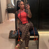 Stretch 2 Piece Set Women Short Sleeve T Shirt Tight Pants Moon Print Slimming Sportswear Sexy Base Fashion