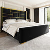 King Size Bed Frame with 55.12" Tall Headboard, Modern Luxury Velvet Upholstered Platform Bed with Gold Trim, Wide, Custom