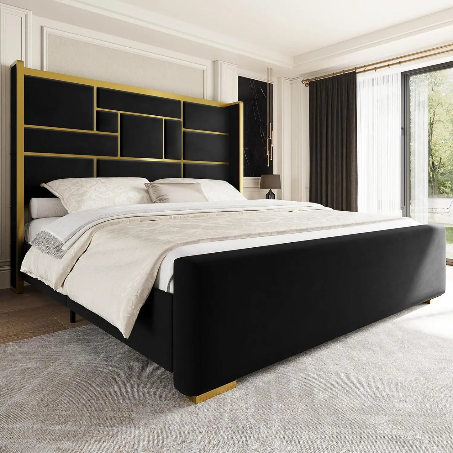 King Size Bed Frame with 55.12" Tall Headboard, Modern Luxury Velvet Upholstered Platform Bed with Gold Trim, Wide, Custom