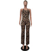 HLJ Sexy Leopard Print Bodycon Jumpsuits Women Thin Strap Sleeveless V Neck Wide Leg Pants Playsuit Female Overall With Scarf