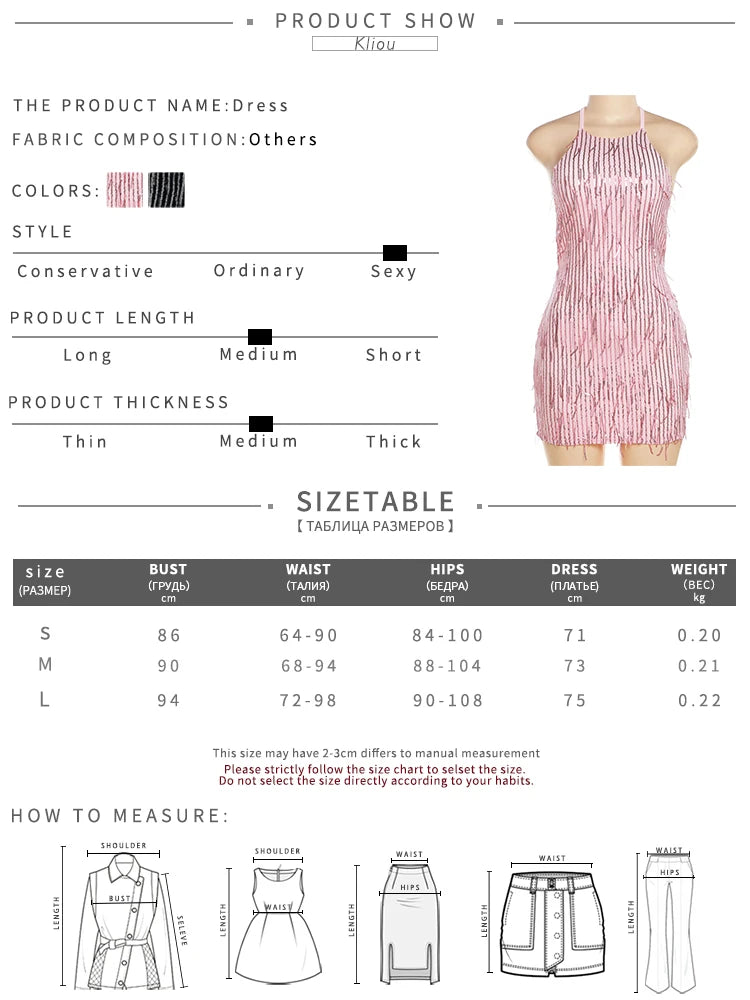 Kliou Tassel Patchwork Shiny Mini Dress Women Halter Bandage Stunning Backless Sleeveless Skinny Vestido Female Party Clubwear