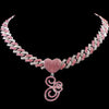 Hip Hop Bling Pink Crystal Cursive Initial Letter Cuban Necklace for Women Iced Out Paved Cuban Chain Necklace Choker Jewelry