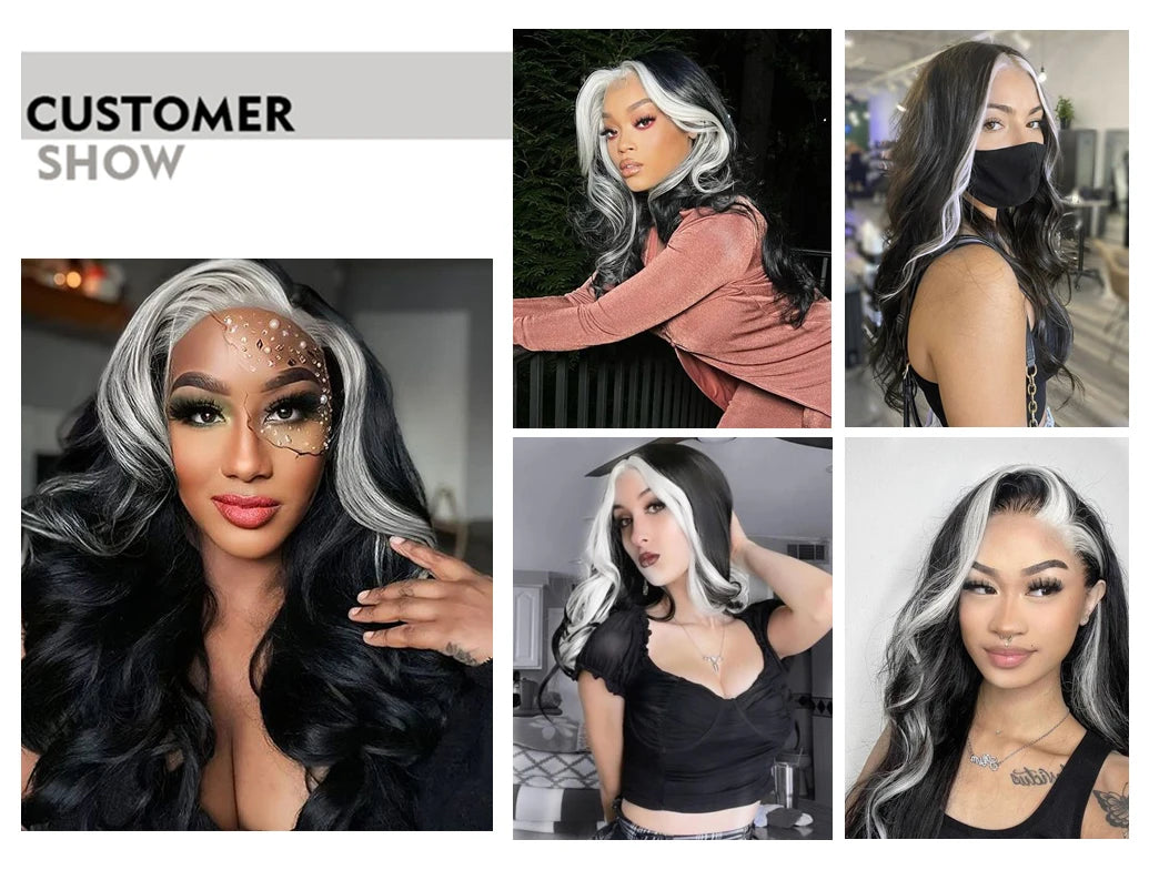 Charisma Black Wigs White Highlight Kunsthaarperücke Vorgezupfte Kunsthaar-Spitzenperücken Für Frauen Loose Wave Lace Frontal Perücke