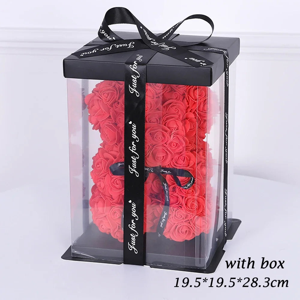 25cm Artificial Teddy Rose Flower Bear with Box Romantic Valentines Day Gift Girlfriend Women Mother Birthday Wedding Party Deco