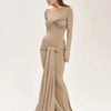 Tossy Female Pleated Sexy Maxi Dress Patchwork Twist Slim Long Sleeve Solid Y2k Autumn Streetwear Dress Women's Bodycon Dress