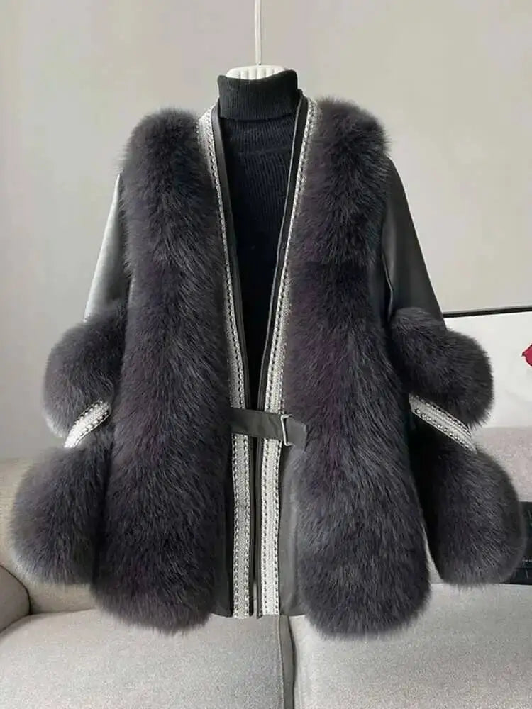 DEAT Fashion Temperament Thickened Fur Coat Cardigan Women Top-Quality Leather Patchwork Long Sleeve Jacket 2024 Winter 11SX023