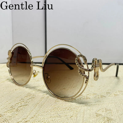 Vintage Runde Sonnenbrille Damen Oversized 2024 Luxusmarke Brille Metall Großer Rahmen Brillen Unregelmäßige Sonnenbrillen für Damen UV400