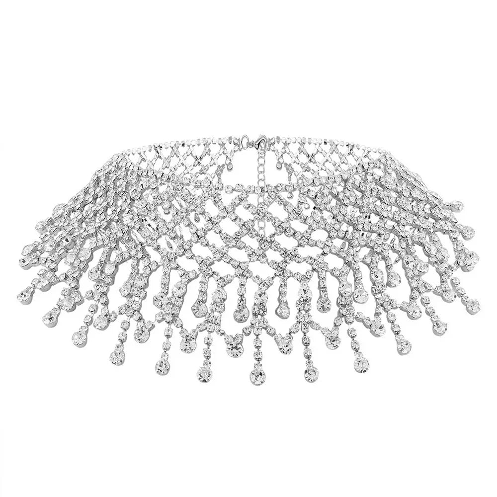 Funkelnde Quaste Halskette Luxus Kette Strass Mesh Weibliche Boho Kurze Kristall Choker Halsband Statement-Kette Hochzeit Schmuck