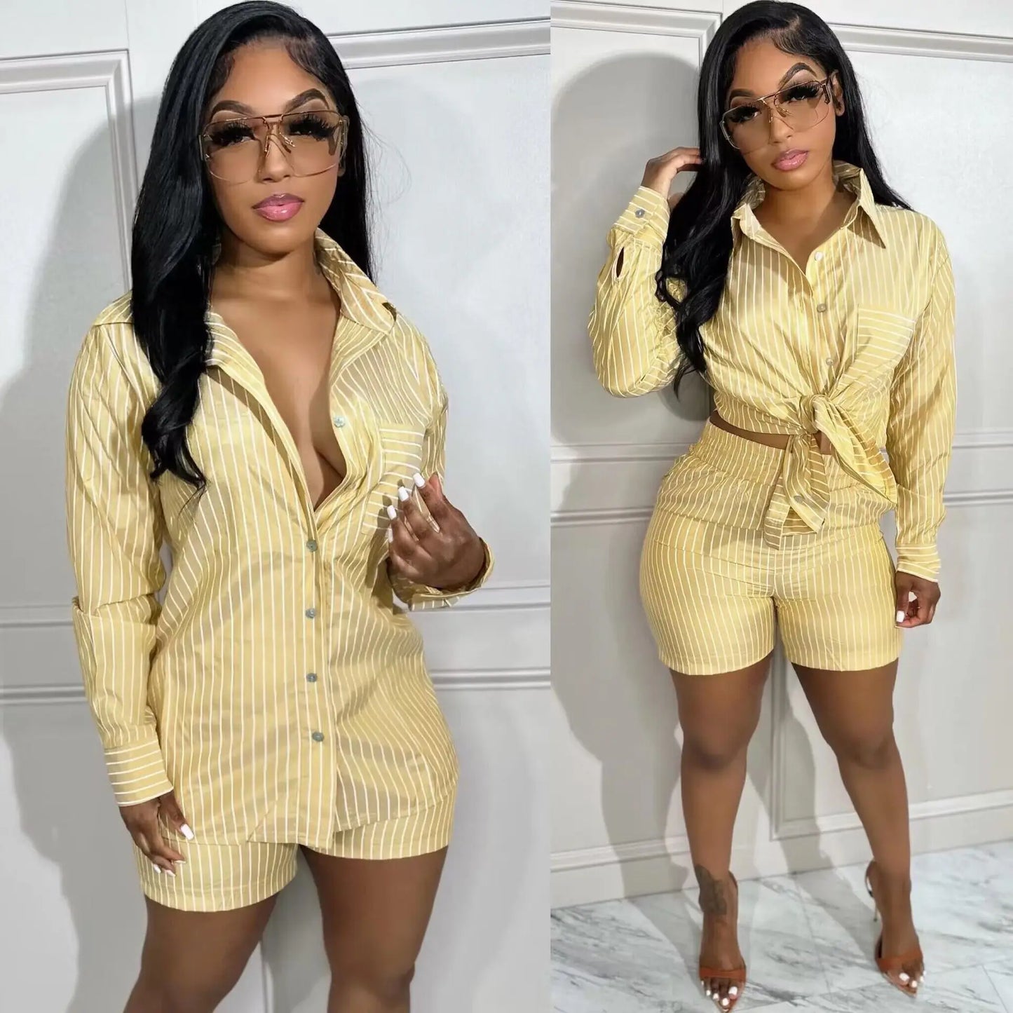 Two Piece Short Sets Women Striped Single Breasted Cardigan Blouses Shorts Elastic Waist Shirt Suit Casual Outwear Summer