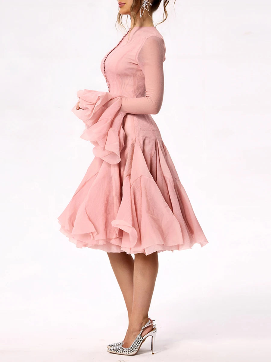 TWOTWINSTYLE Damenkleid Unregelmäßig Gefaltet Patchwork Mode Lang Laternenärmel Tailliertes Minikleid 2024 Neue Kleidung