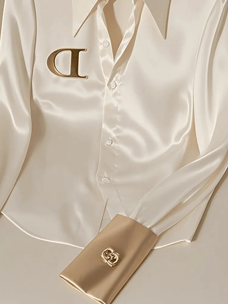 Elegante französische Damen Bluse aus weißem Satin mit Umlegekragen Langarmbluse Herbst/Winter für Frauen Lässig Schlicht Office Lady