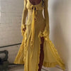 Sommerliches, figurbetontes, durchsichtiges, sexy Hot-Girl-Kleid, elegantes, einfarbiges V-Ausschnitt-Kleid mit Trägern, langen Ärmeln, Rüschen, Schlitz und langem Rock