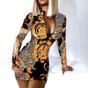 Sexy Long Sleeve Bodycon Mini Dress Women Autumn 2023 Fashion Deep V Neck Print Club Outfits Party Dresses Casual Robe Femme