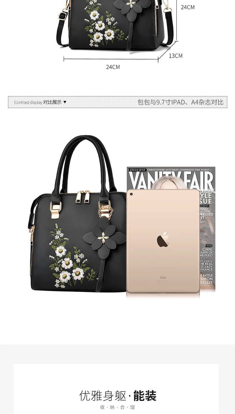 Floral Detail Shoulder Bag, Trendy Zipper Handbag For Work, Casual Crossbody Bag, Women's Floral Decor Purse