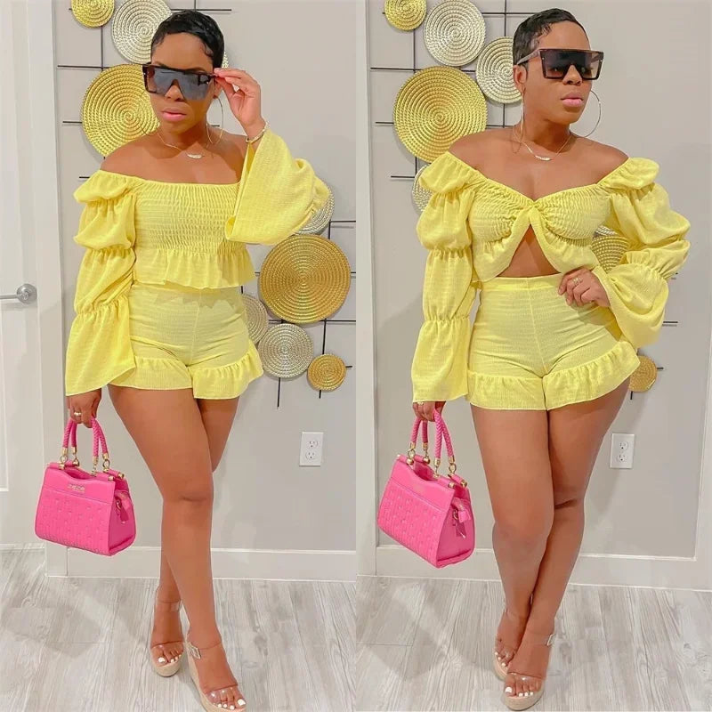 Chic Women Sweet Set Puff Sleeve Crop Tops and Shorts Outfits Solid Stretch Pleated Sexy Summer Girl 2 Two Piece Suit