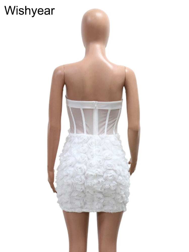 New Sexy Off Shoulder 3D Flower See Through Strapless White Mini Dresses Women‘s Elegant Birthday Evening Guest Party Prom Robe