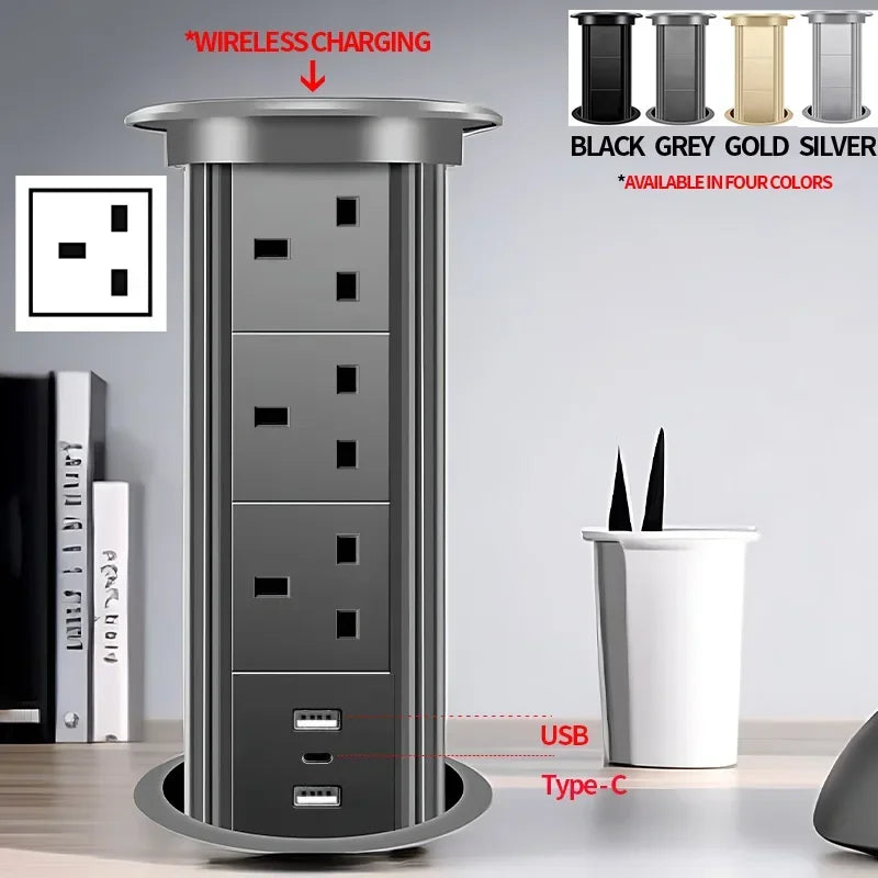 Motorized Lifting Pop Up Tower Power Outlet Hidden Mounted Kitchen Worktop USB Type C Socket with Speaker Wireless Charging