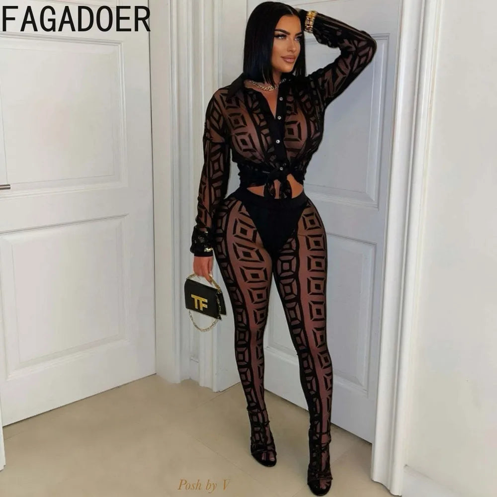 FAGADOER Sexy Mesh Damen 2-teiliges Set Outfit Durchsichtiges Langarm Crop Top + Skinny Hose Anzüge Weibliche Streetwear Kleidung Neu