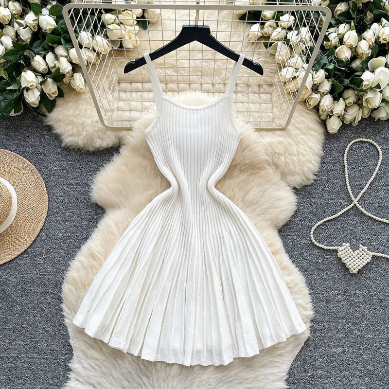 Joskaa 2026 Autumn Retro Striped Knit Dress Women Elegant Pleated Waist Slim Low Cut Sleeveless A-line Slip Dress Streetwear