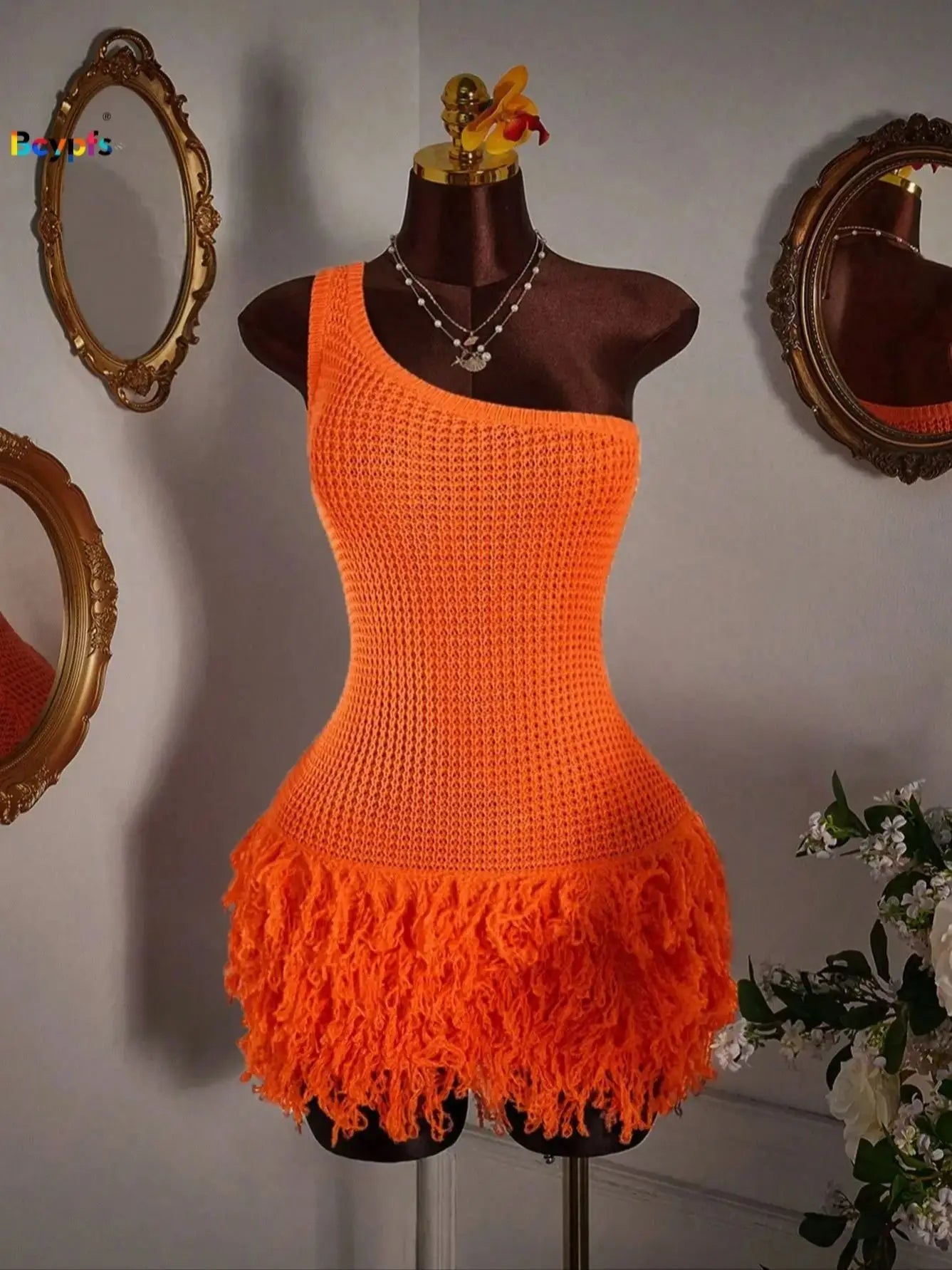 2026 Y2K TikTok Hot One Shoulder Crochet Dress Orange Fringe Bodycon Mini Dress for Vacation Party Clubwear