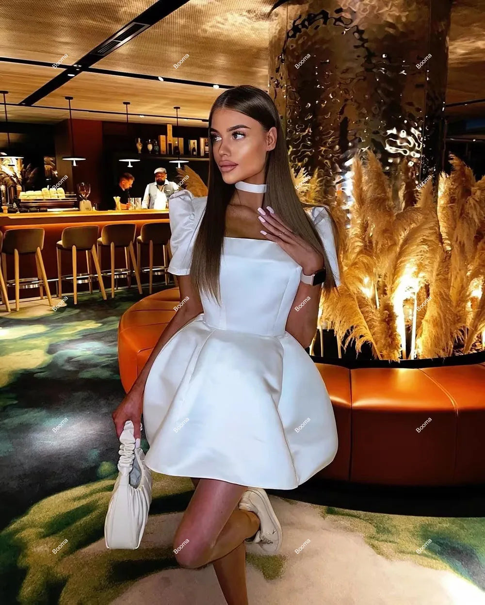 Booma Short Wedding Party Dresses Short Puff Sleeves A-Line Brides Prom Dress for Women Above Knee Bridals Gown Customized