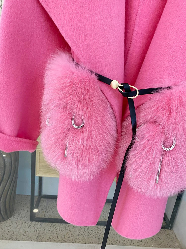 2024 New Winter Real Natural Fox Fur Pocket Coat Ladies Outwear Female Coat Cashmere Wool Woolen Women Luxury Jacket