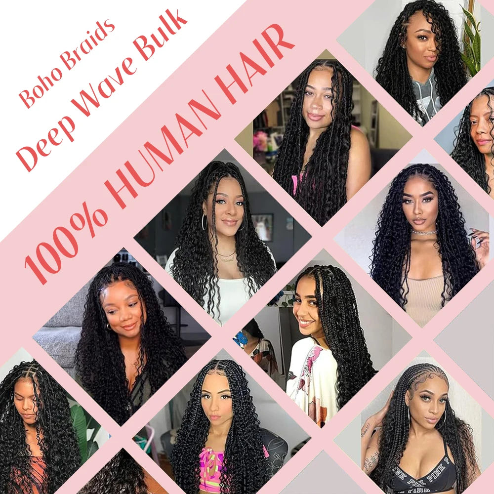 Menschenhaar zum Flechten, Tiefwellen-Bulk zum Flechten, ohne Tressen, Tief gelocktes Flechthaar für Boho Braids, brasilianisches Echthaar
