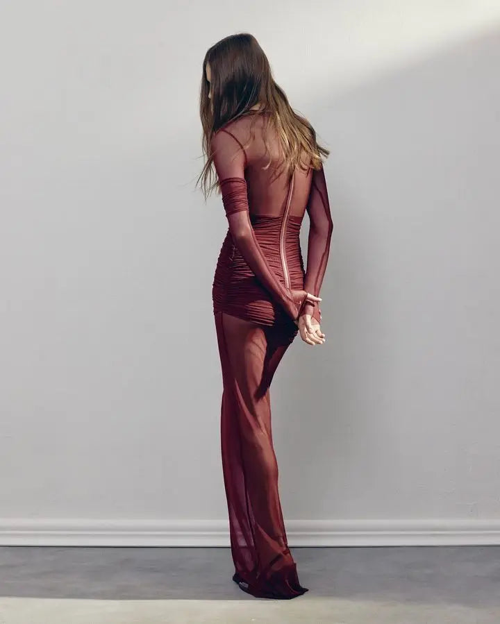Articat Elegantes Mesh-Patchwork Langarm-Bodycon Party Club Abendkleid Sexy Doppellagiges Perspektivkleid Herbstkleidung