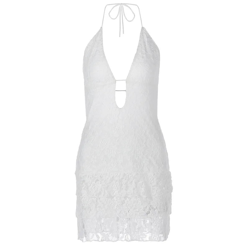 Articat 2024 Sommer Neue sexy Hollow Out Lace Up Hängende Damenkleid Temperament Vestido Kurzer Rock Slim Party Urlaub Strand
