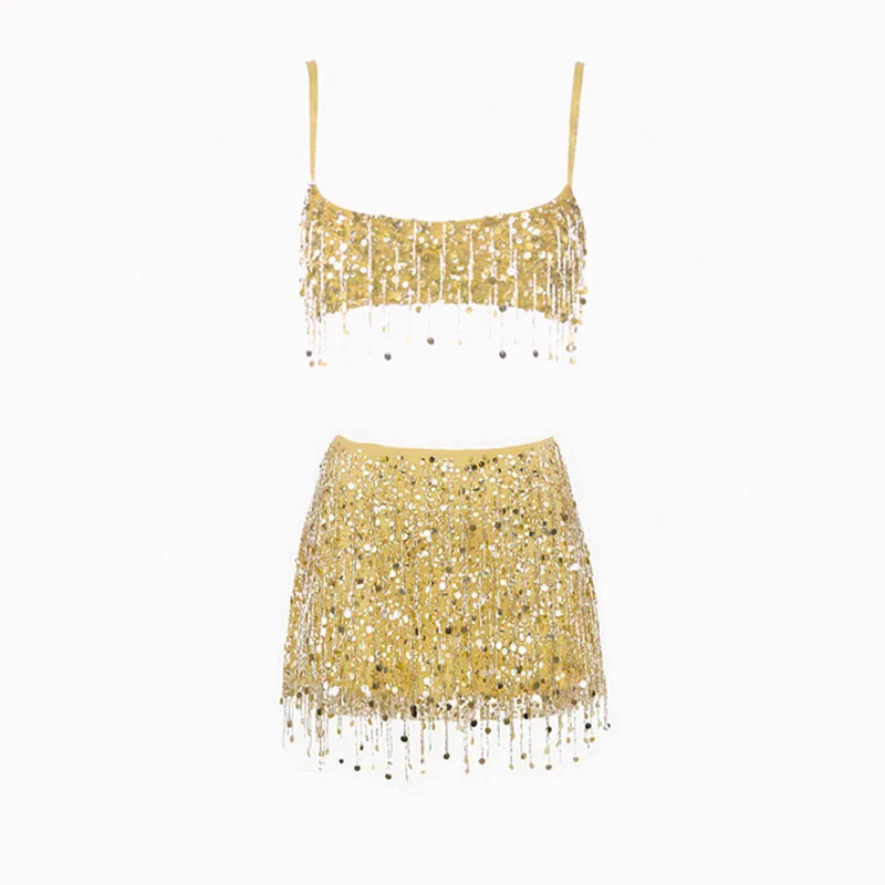 Sexy Sequins Tassel Skirt Sets Women Sling Crop Tops Hip Package A-line Short Skirts 2025 Summer Chic Beach Party Outfits Lady