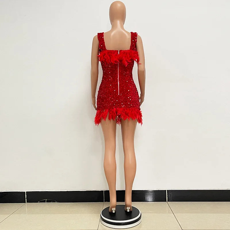Damen Partykleid Ärmellos Glänzende Pailletten Feder Abendkleid Sexy schulterfrei rückenfrei Mini Formelle Ballkleider HXY8