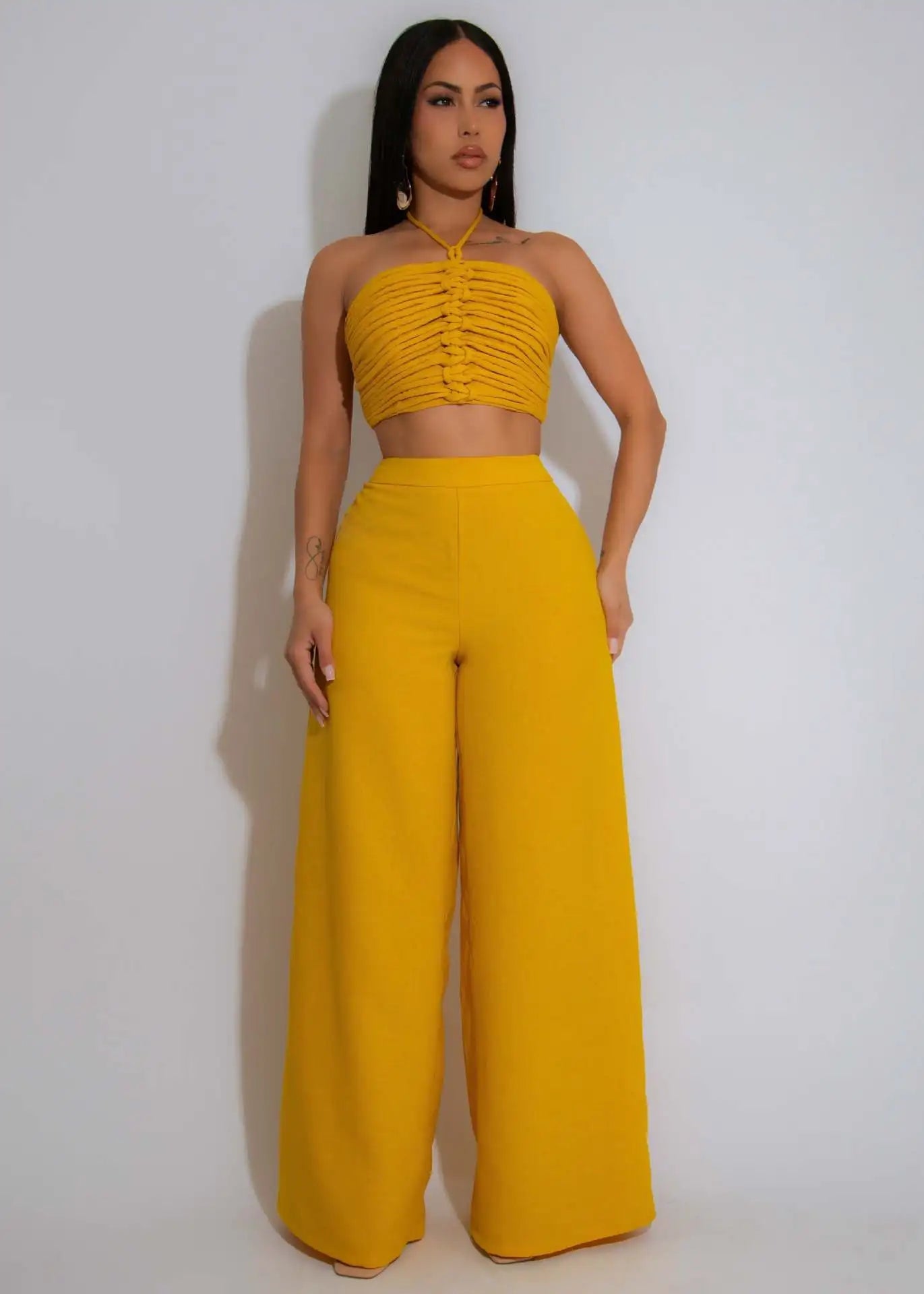 Pant Set Women Two Piece Sets Sexy Sleeveless Tops Drawstring Wide Leg Long Pants High Waist Y2k Streetwear Elegant Splice
