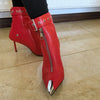 Gürtelschnalle Reißverschluss vorne Modenschau Stiefeletten Damen Herbst Winter Neu Spitz Metallverzierung Rote High Heels Ankle Boots