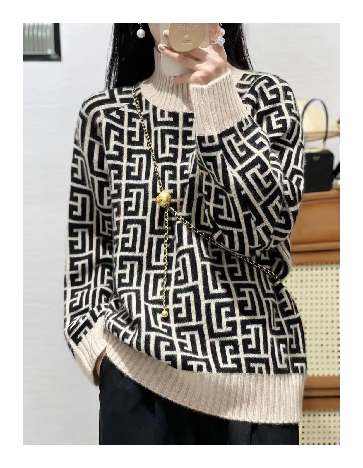 High-End 100% Ziegenwollpullover Damen Stehkragen lockerer Pullover Herbst Winter neuer Stil im Western-Look mit Verjüngungseffekt