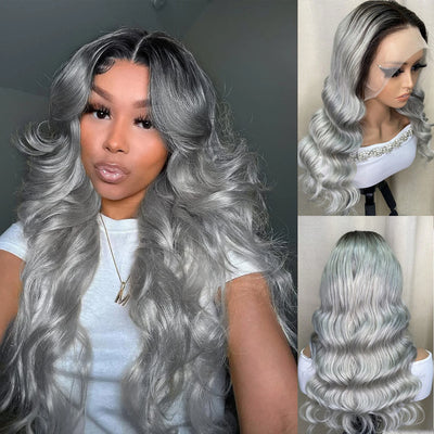 1B Grau Body Wave Transparent Lace Front Perücken Echthaar Vorgezupft 150 Dichte 1B Grau Echthaar 13×4 Front Perücken für Damen
