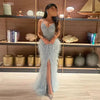 Moonlit Customized Serene Hill Beige Spaghetti Strap Split Feathers Beaded Formal Mermaid Evening Dresses
