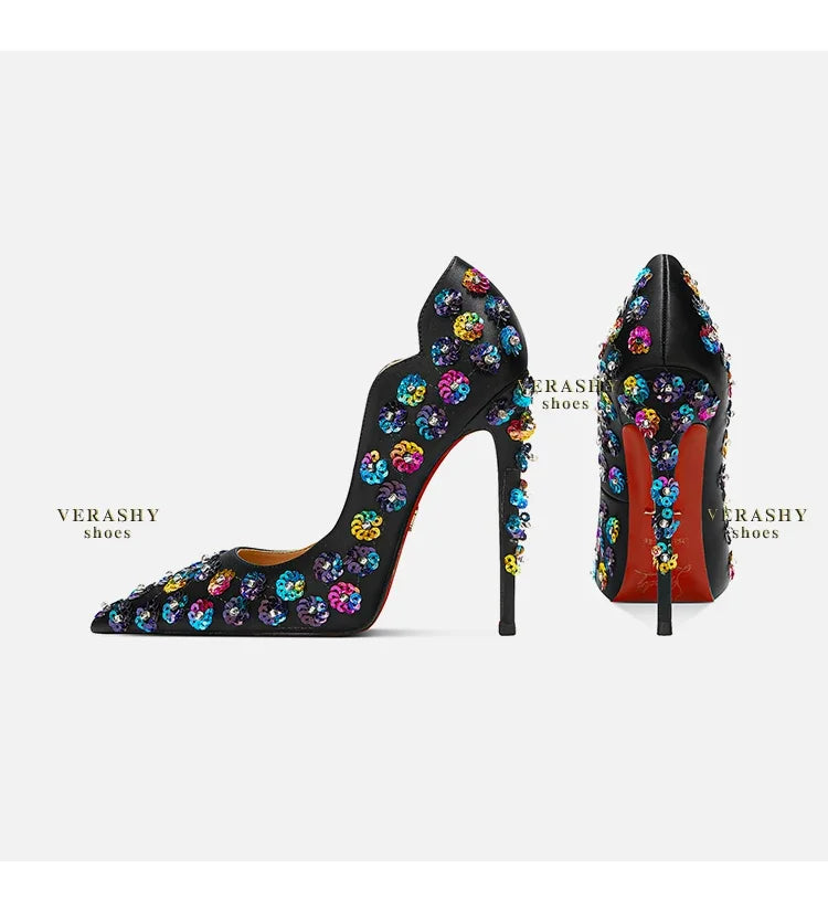 2025 Spring New High Heels Women's Embroidered Beaded Black Sexy Queen's Heel 10-12cm Pointed